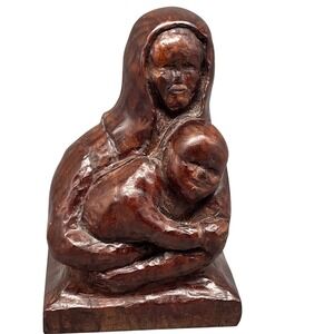 Hand-Carved‎ Wooden Madonna and Child Figurine – Religious Gift Signed